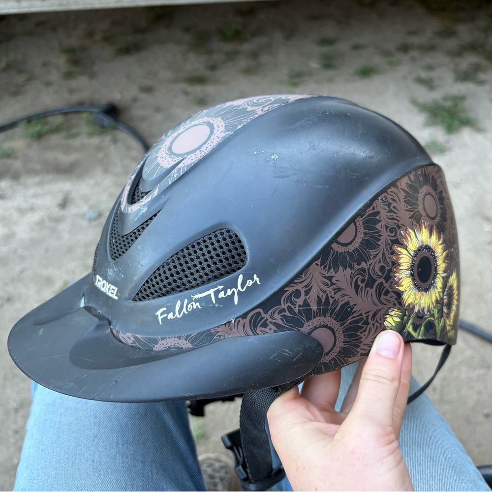 Black and Brown Riding Helmet with Sunflower Design